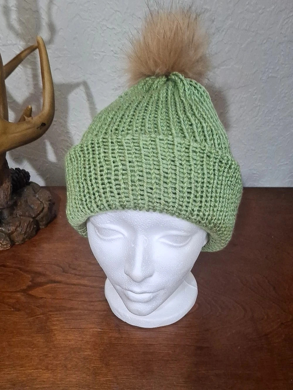 Handmade Sage Green Knit Pom-Pom Beanie